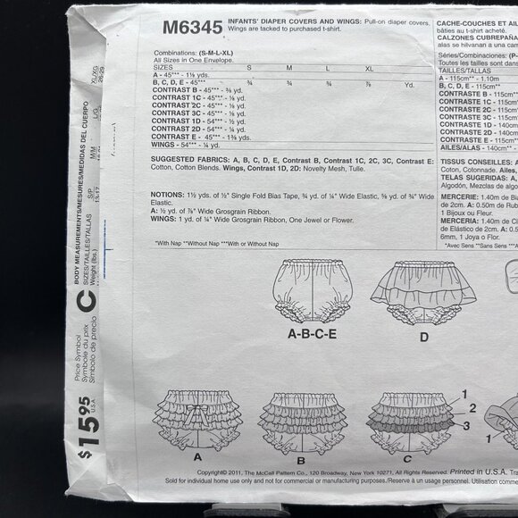 McCall's 6345 “Diaper Covers & Wings” (Size S,M,L,XL) Sewing Pattern Uncut FF - Picture 3 of 5